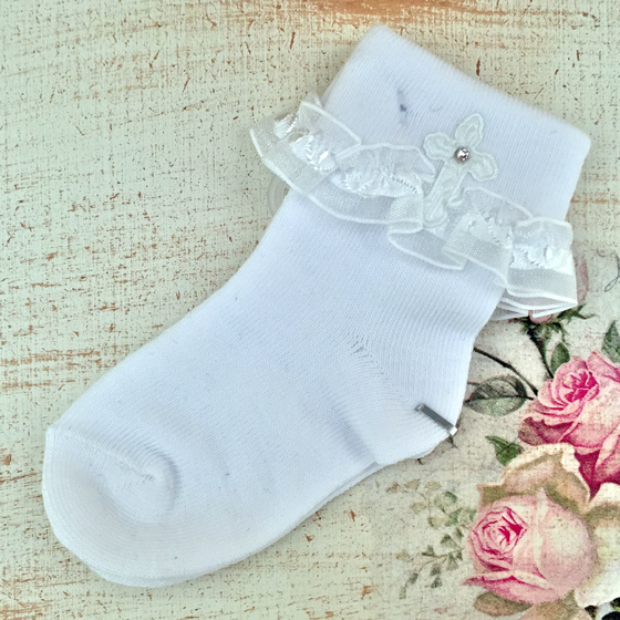 Girls Lace Trim Sock with Cross